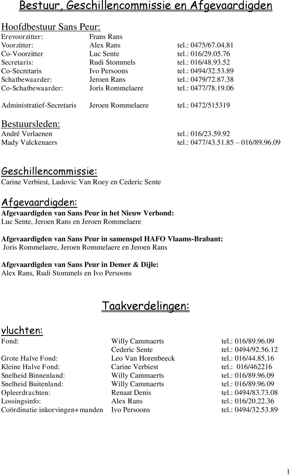 06 Administratief-Secretaris Jeroen Rommelaere tel.: 0472/515319 Bestuursleden: André Verlaenen tel.: 016/23.59.92 Mady Valckenaers tel.: 0477/43.51.85 016/89.96.