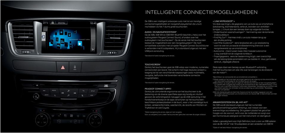 Op de versie met het touchscreen bestaat de mogelijkheid voor een navigatiesysteem*. De mp3- compatibele autoradio met cd-speler Peugeot Connect Sound bituner is verbonden met 6 luidsprekers.