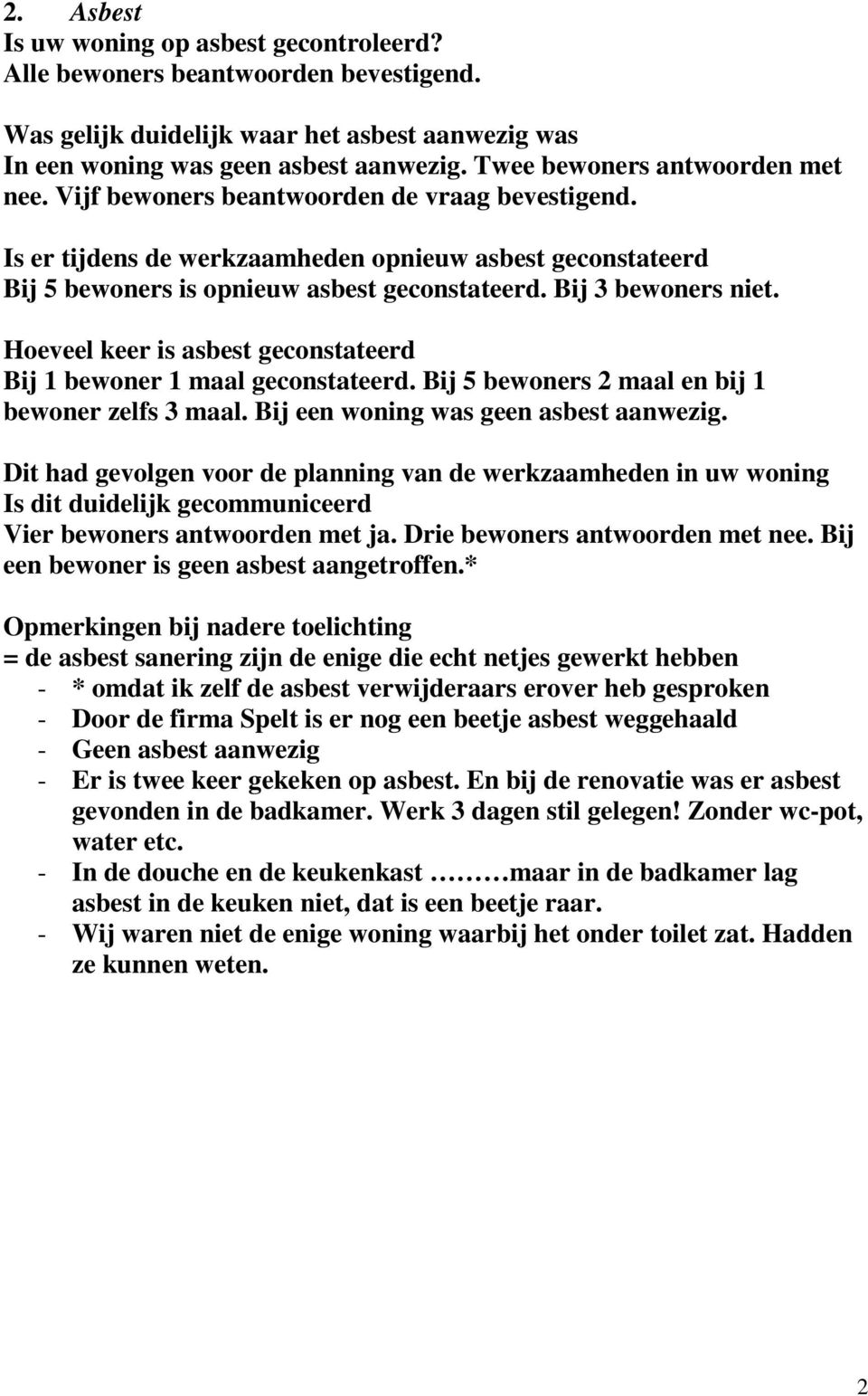 Bij 3 bewoners niet. Hoeveel keer is asbest geconstateerd Bij 1 bewoner 1 maal geconstateerd. Bij 5 bewoners 2 maal en bij 1 bewoner zelfs 3 maal. Bij een woning was geen asbest aanwezig.