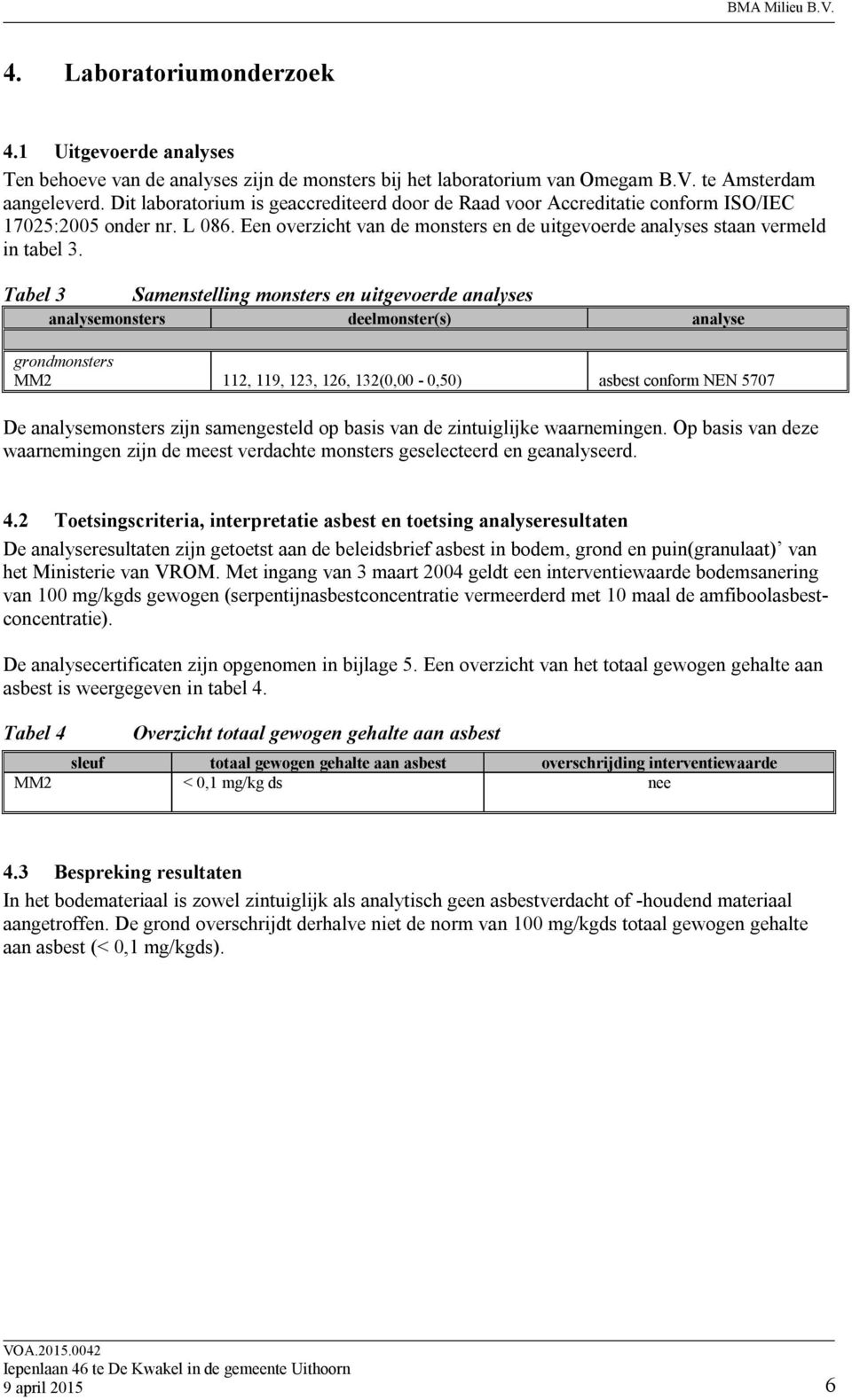 Tabel 3 Samenstelling monsters en uitgevoerde analyses analysemonsters deelmonster(s) analyse grondmonsters MM2 112, 119, 123, 126, 132(0,00-0,50) asbest conform NEN 5707 De analysemonsters zijn