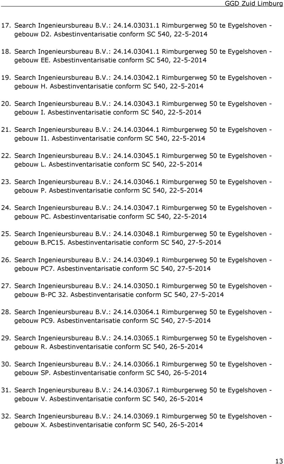 Asbestinventarisatie conform SC 540, 22-5-2014 20. Search Ingenieursbureau B.V.: 24.14.03043.1 Rimburgerweg 50 te Eygelshoven - gebouw I. Asbestinventarisatie conform SC 540, 22-5-2014 21.