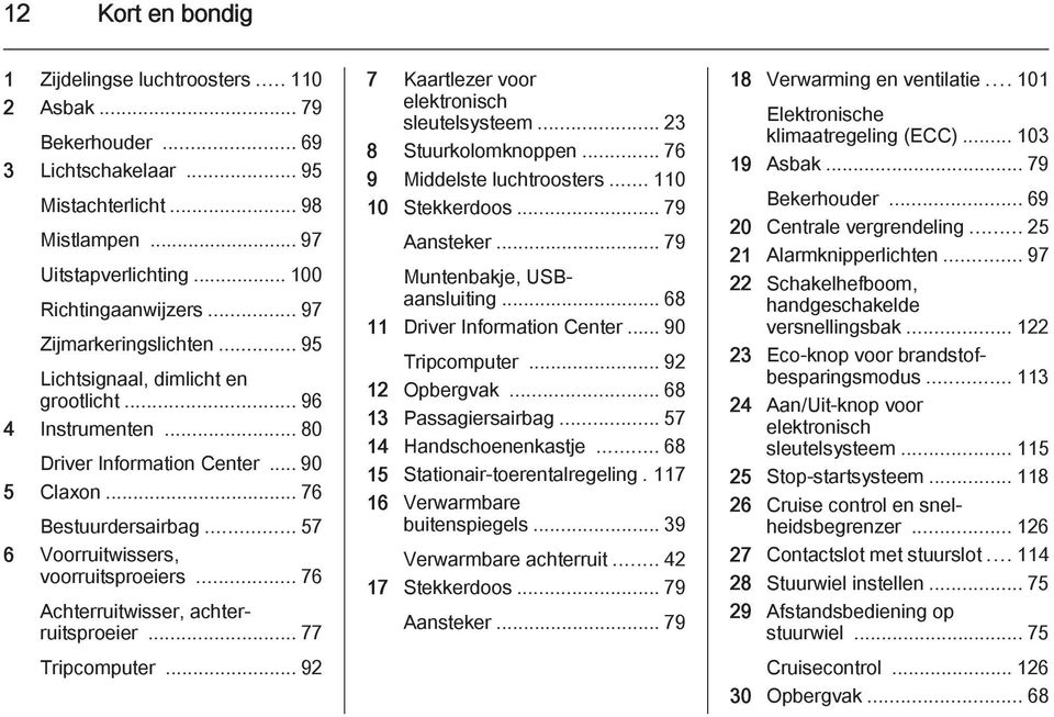 .. 57 6 Voorruitwissers, voorruitsproeiers... 76 Achterruitwisser, achterruitsproeier... 77 Tripcomputer... 92 7 Kaartlezer voor elektronisch sleutelsysteem... 23 8 Stuurkolomknoppen.