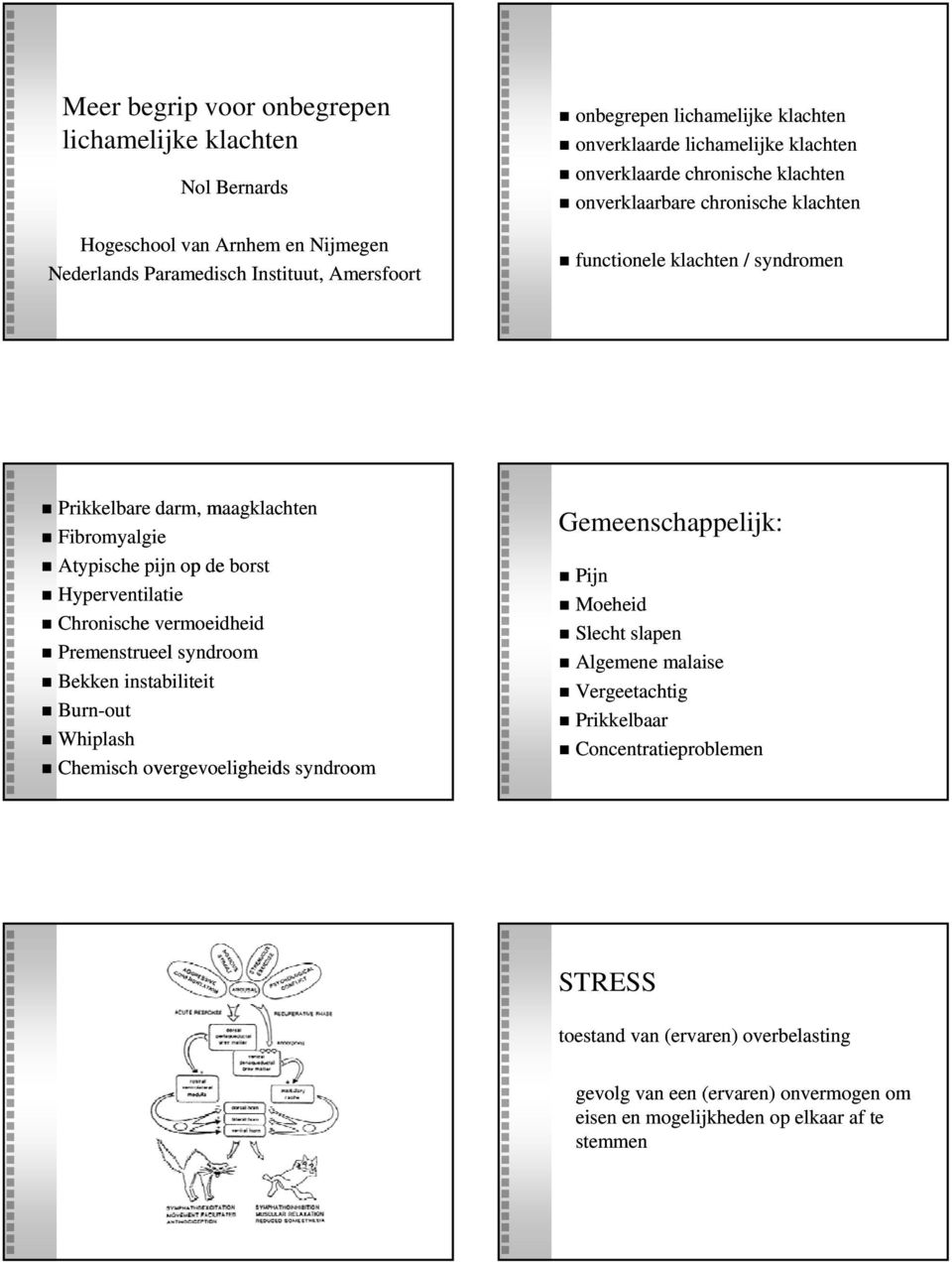 borst Hyperventilatie Chronische vermoeidheid Premenstrueel syndroom Bekken instabiliteit Burn-out Whiplash Chemisch overgevoeligheids syndroom Gemeenschappelijk: Pijn Moeheid Slecht slapen