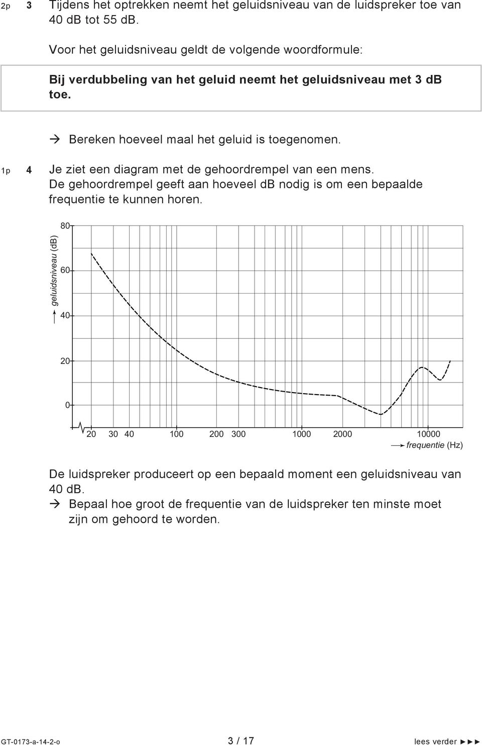 1p 4 Je ziet een diagram met de gehoordrempel van een mens. De gehoordrempel geeft aan hoeveel db nodig is om een bepaalde frequentie te kunnen horen.