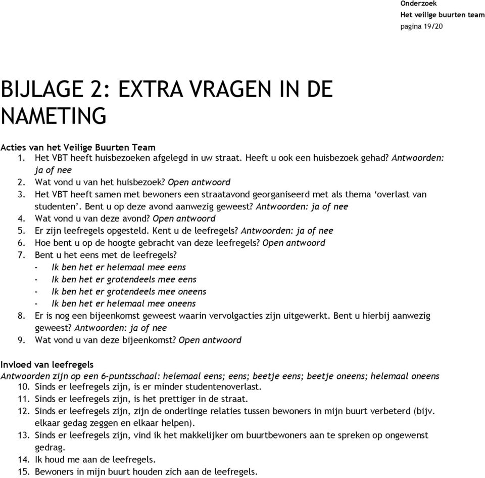 Antwoorden: ja of nee 4. Wat vond u van deze avond? Open antwoord 5. Er zijn leefregels opgesteld. Kent u de leefregels? Antwoorden: ja of nee 6. Hoe bent u op de hoogte gebracht van deze leefregels?