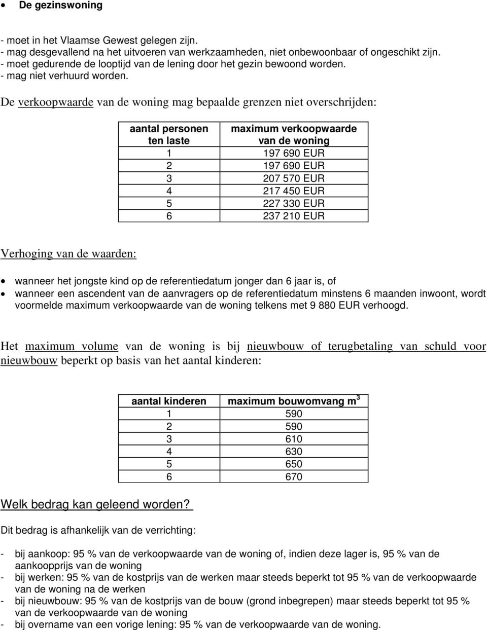 De verkoopwaarde van de woning mag bepaalde grenzen niet overschrijden: aantal personen ten laste maximum verkoopwaarde van de woning 1 197 690 EUR 2 197 690 EUR 3 207 570 EUR 4 217 450 EUR 5 227 330