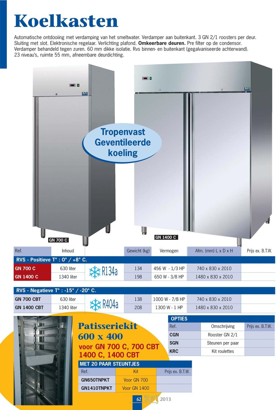 23 niveau s, ruimte 55 mm, afneembare deurdichting. Tropenvast Geventileerde koeling GN 700 C GN 1400 C GN 700 C Inhoud RVS - Positieve T : 0 / +8 C. R404a Vermogen 630 liter 134 456 W - 1/3 HP Afm.