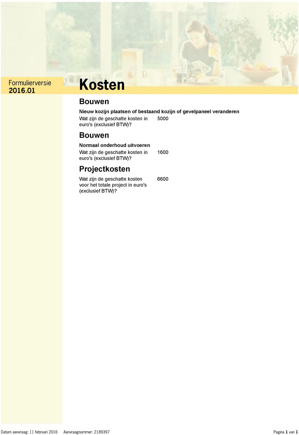 Bouwen Normaal onderhoud uitvoeren Wat zijn de geschatte kosten in euro's (exclusief BTW)?