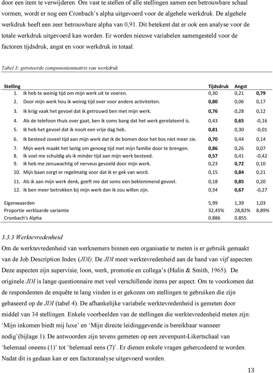 Er worden nieuwe variabelen samengesteld voor de factoren tijdsdruk, angst en voor werkdruk in totaal. Tabel 3: geroteerde componentenmatrix van werkdruk )) Stelling( Tijdsdruk( Angst( )) 1.