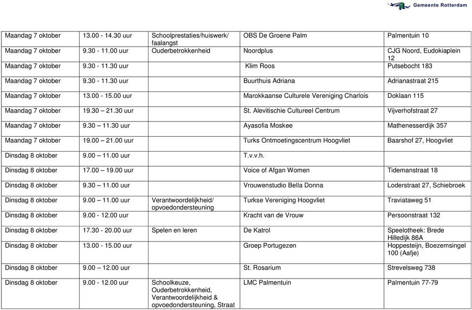 00-15.00 uur Marokkaanse Culturele Vereniging Charlois Doklaan 115 Maandag 7 oktober 19.30 21.30 uur St. Alevitischie Cultureel Centrum Vijverhofstraat 27 Maandag 7 oktober 9.30 11.