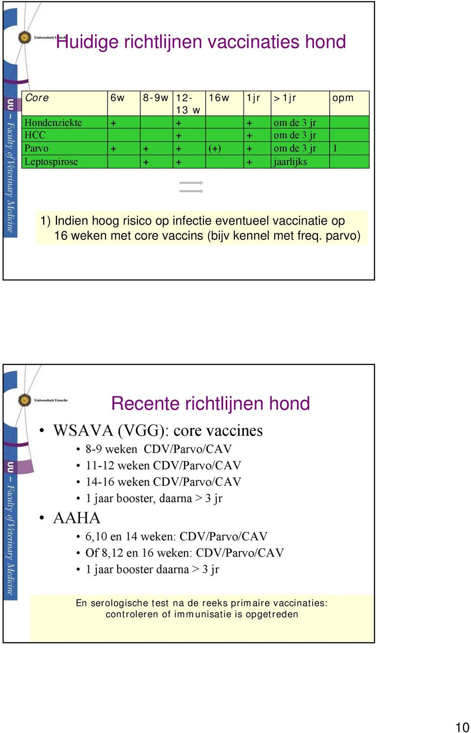 parvo) Recente richtlijnen hond WSAVA (VGG): core vaccines 8-9 weken CDV/Parvo/CAV 11-12 weken CDV/Parvo/CAV 14-16 weken CDV/Parvo/CAV 1 jaar booster, daarna > 3