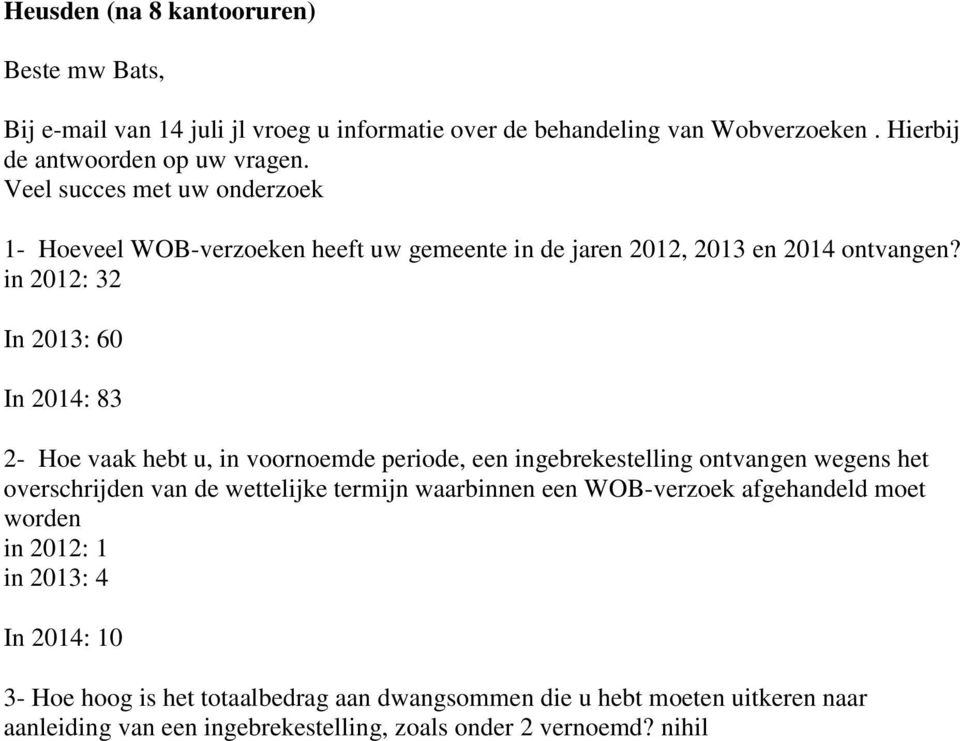 in 2012: 32 In 2013: 60 In 2014: 83 2- Hoe vaak hebt u, in voornoemde periode, een ingebrekestelling ontvangen wegens het overschrijden van de wettelijke termijn