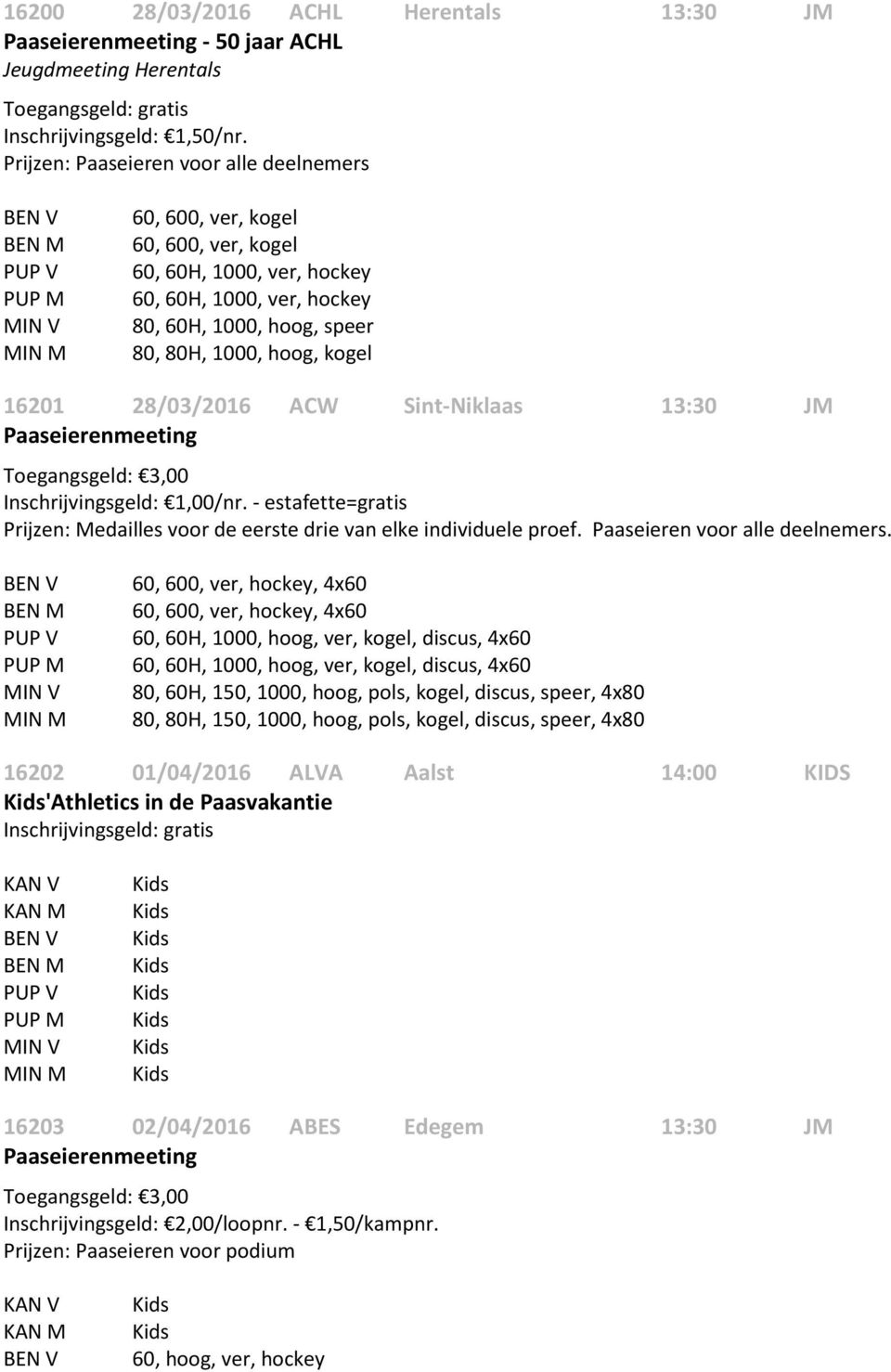 - estafette=gratis Prijzen: Medailles voor de eerste drie van elke individuele proef. Paaseieren voor alle deelnemers.