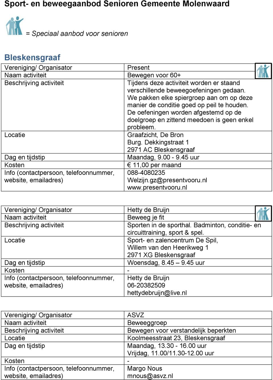 Graafzicht, De Bron Burg. Dekkingstraat 1 2971 AC Bleskensgraaf Maandag, 9.00-9.45 uur 11,00 per maand 088-4080235 Welzijn.gz@presentvooru.nl www.presentvooru.nl Hetty de Bruijn Beweeg je fit Sporten in de sporthal.