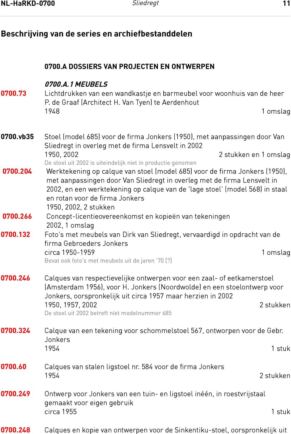 vb35 Stoel (model 685) voor de firma Jonkers (1950), met aanpassingen door Van Sliedregt in overleg met de firma Lensvelt in 2002 1950, 2002 2 stukken en De stoel uit 2002 is uiteindelijk niet in