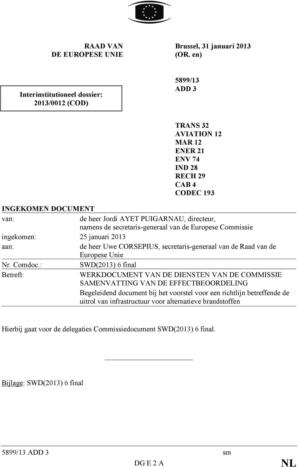 directeur, namens de secretaris-generaal van de Europese Commissie ingekomen: 25 januari 2013 aan: de heer Uwe CORSEPIUS, secretaris-generaal van de Raad van de Europese Unie Nr. Comdoc.