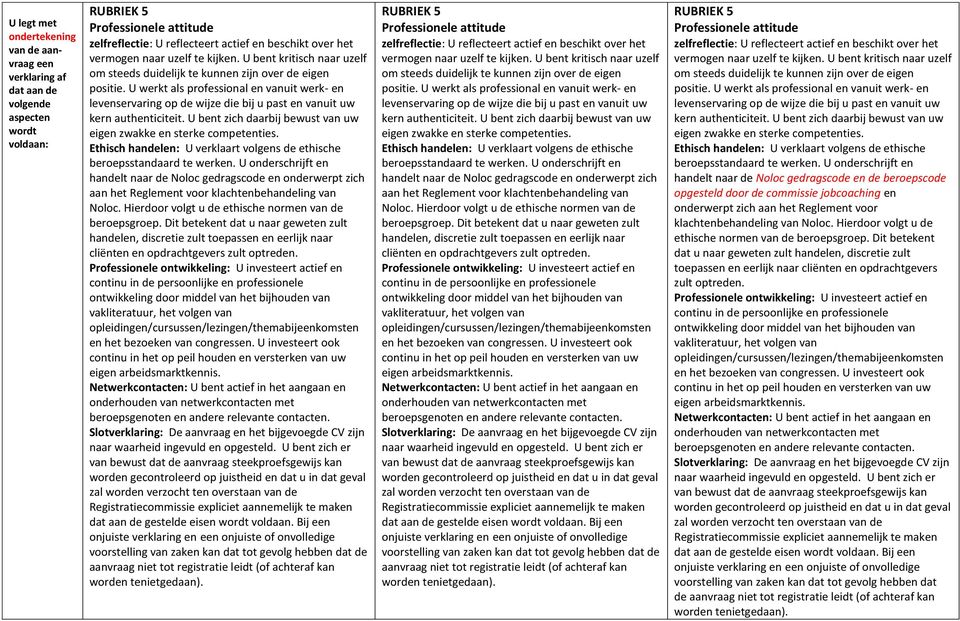 U werkt als professional en vanuit werk- en levenservaring op de wijze die bij u past en vanuit uw kern authenticiteit. U bent zich daarbij bewust van uw eigen zwakke en sterke competenties.