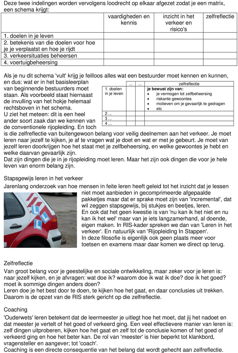 voertuigbeheersing inzicht in het verkeer en risico's Als je nu dit schema 'vult' krijg je feilloos alles wat een bestuurder moet kennen en kunnen, en dus: wat er in het basisleerplan.