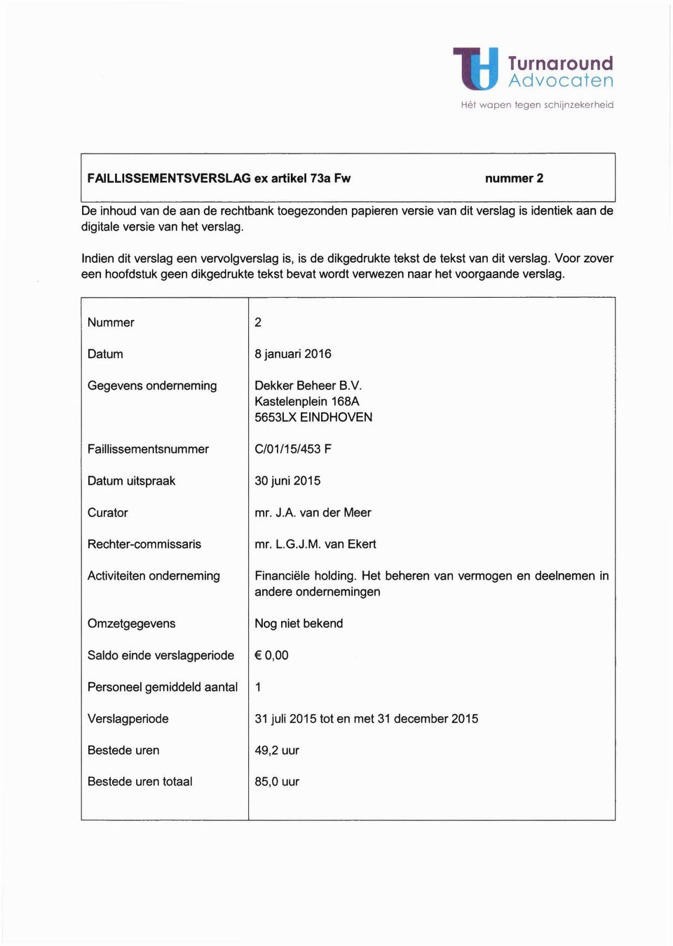 Nummer 2 Datum Gegevens onderneming Faillissementsnummer 8 januari 2016 Dekker Beheer B.V.