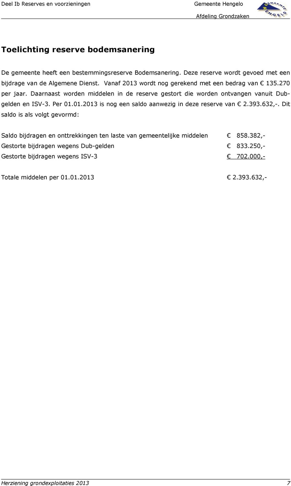 Per 01.01.2013 is nog een saldo aanwezig in deze reserve van 2.393.632,-.