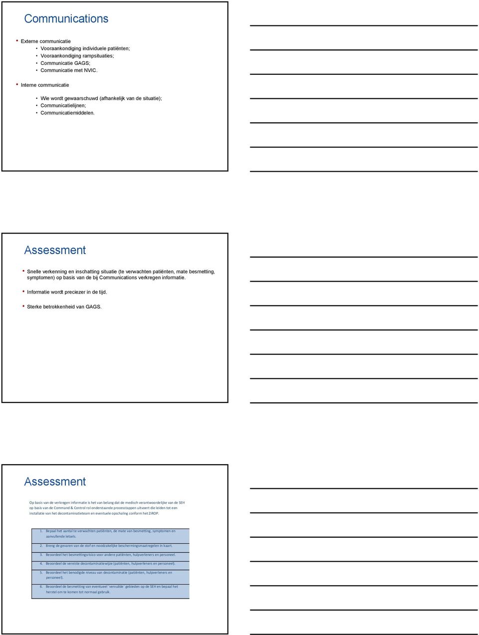 Assessment Snelle verkenning en inschatting situatie (te verwachten patiënten, mate besmetting, symptomen) op basis van de bij Communications verkregen informatie.