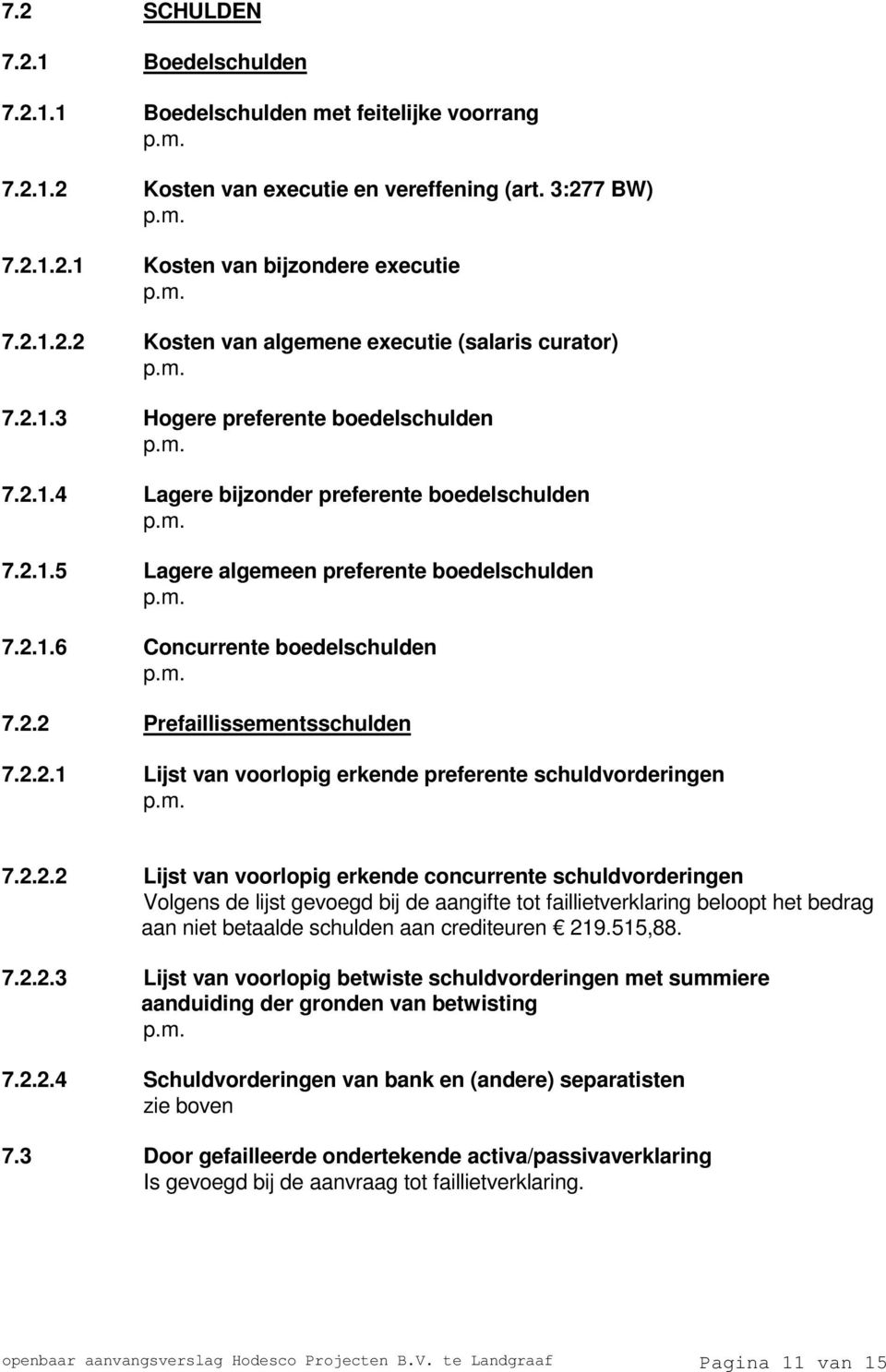 2.2.1 Lijst van voorlopig erkende preferente schuldvorderingen 7.2.2.2 Lijst van voorlopig erkende concurrente schuldvorderingen Volgens de lijst gevoegd bij de aangifte tot faillietverklaring beloopt het bedrag aan niet betaalde schulden aan crediteuren 219.