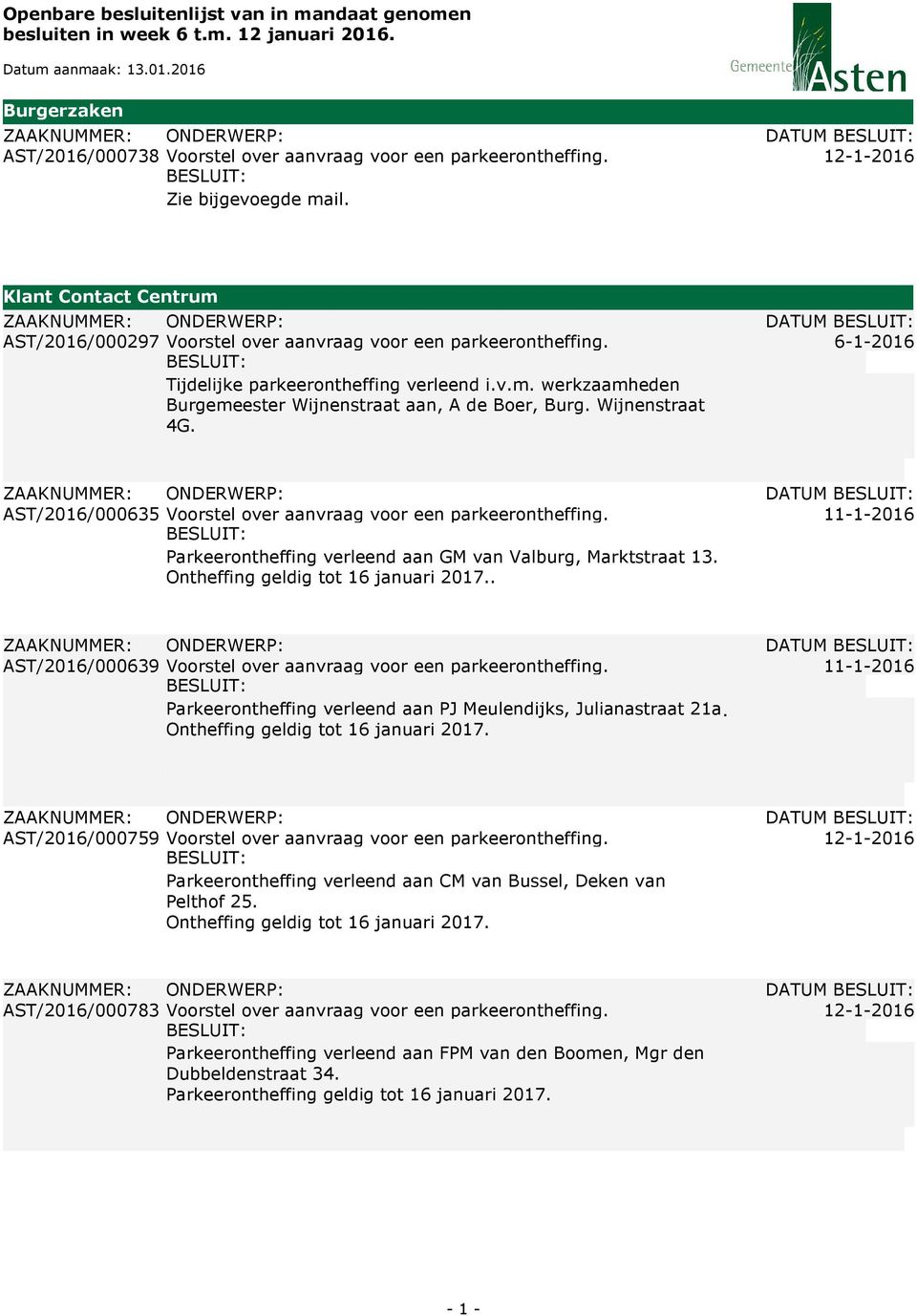 Wijnenstraat 4G. AST/2016/000635 Voorstel over aanvraag voor een parkeerontheffing. Parkeerontheffing verleend aan GM van Valburg, Marktstraat 13. Ontheffing geldig tot 16 januari 2017.