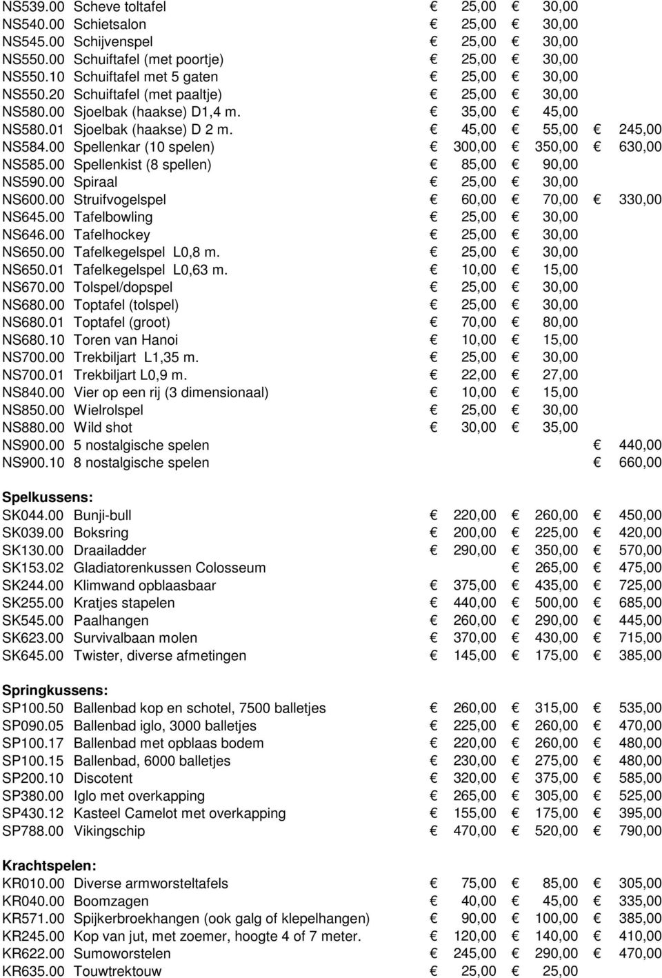 00 Spellenkar (10 spelen) 300,00 350,00 630,00 NS585.00 Spellenkist (8 spellen) 85,00 90,00 NS590.00 Spiraal 25,00 30,00 NS600.00 Struifvogelspel 60,00 70,00 330,00 NS645.