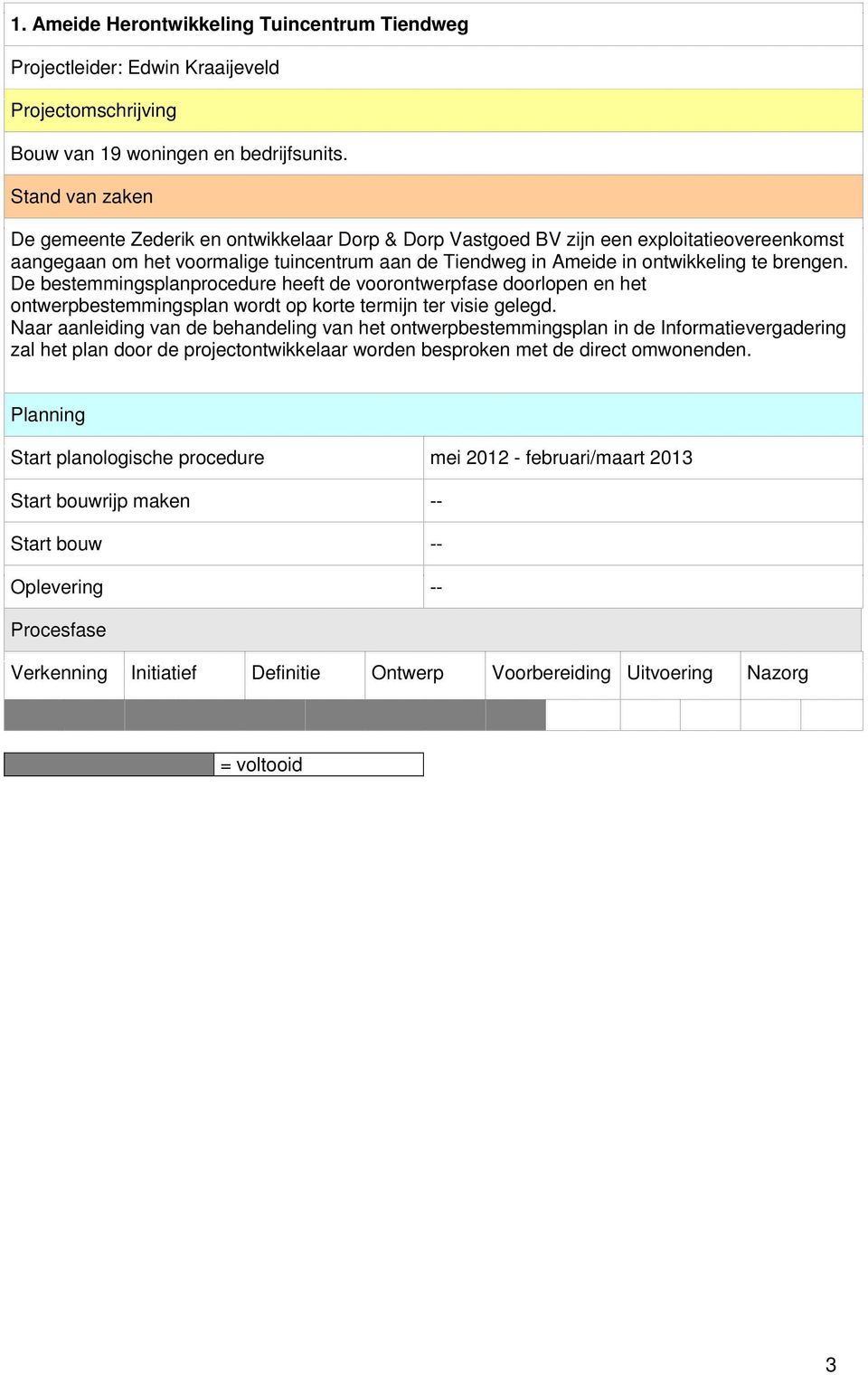 te brengen. De bestemmingsplanprocedure heeft de voorontwerpfase doorlopen en het ontwerpbestemmingsplan wordt op korte termijn ter visie gelegd.