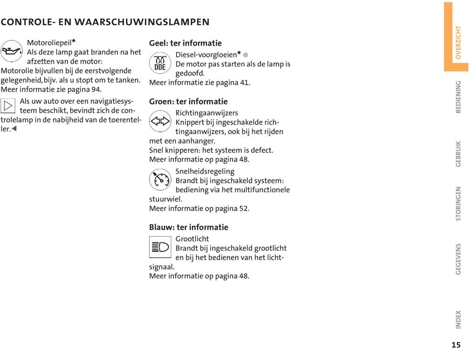 < Geel: ter informatie Diesel-voorgloeien* + De motor pas starten als de lamp is gedoofd. Meer informatie zie pagina 41.