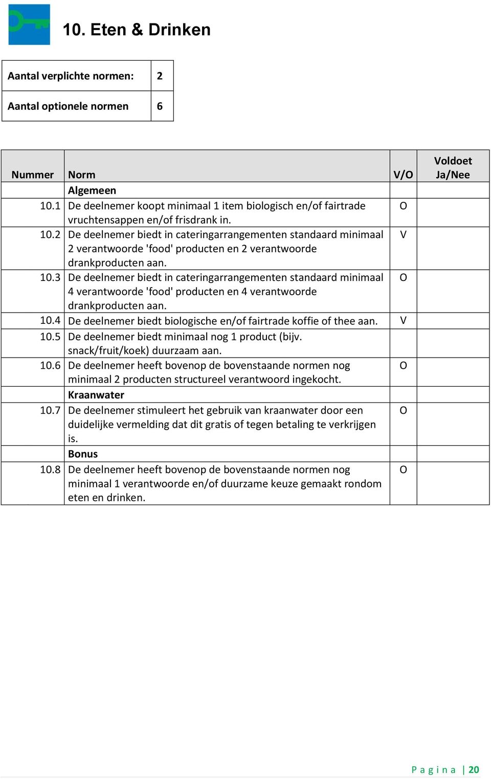 3 De deelnemer biedt in cateringarrangementen standaard minimaal 4 verantwoorde 'food' producten en 4 verantwoorde drankproducten aan. 10.