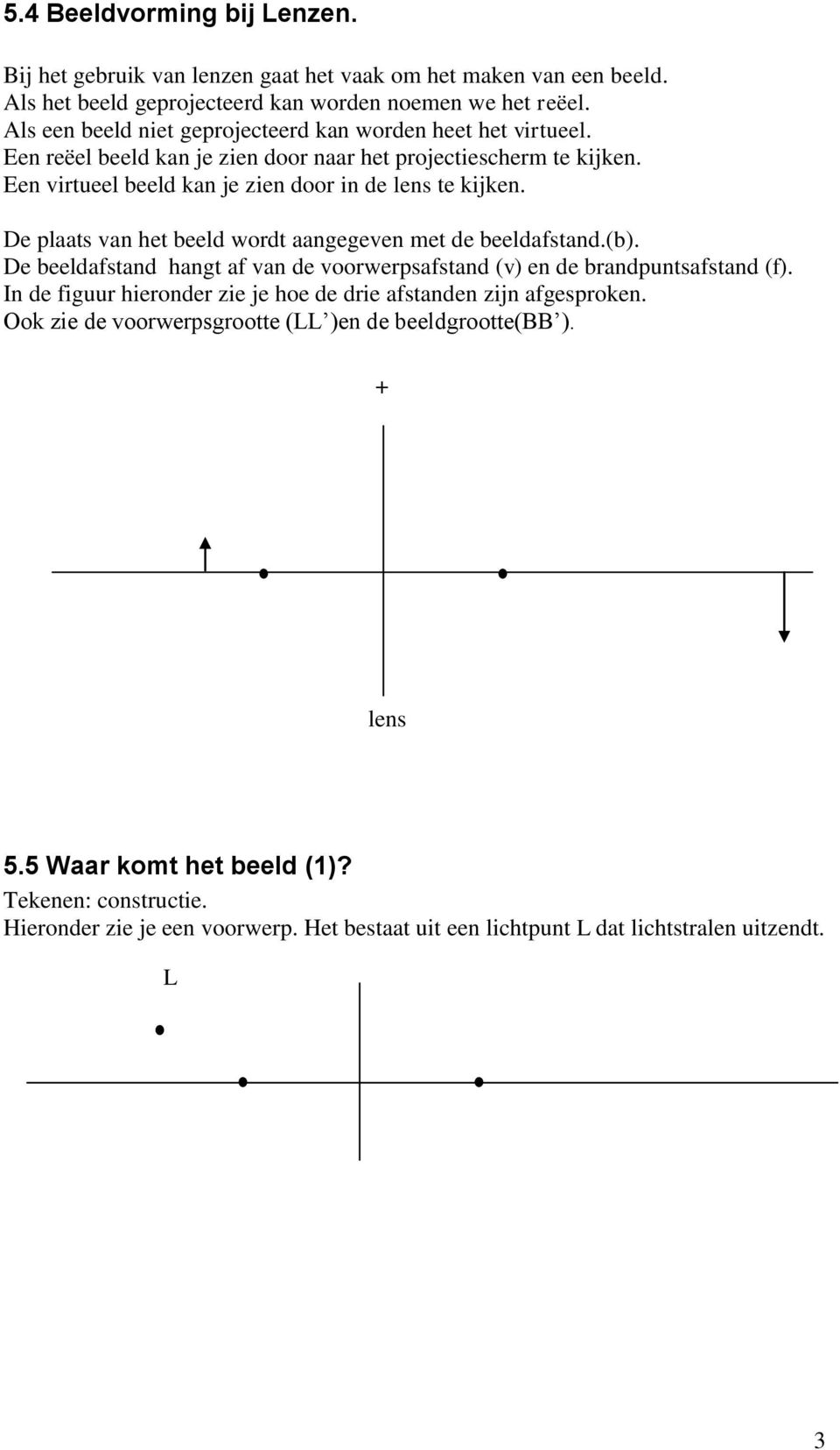 De plaats van het beeld wordt aangegeven met de beeldafstand.(b). De beeldafstand hangt af van de voorwerpsafstand (v) en de brandpuntsafstand (f).