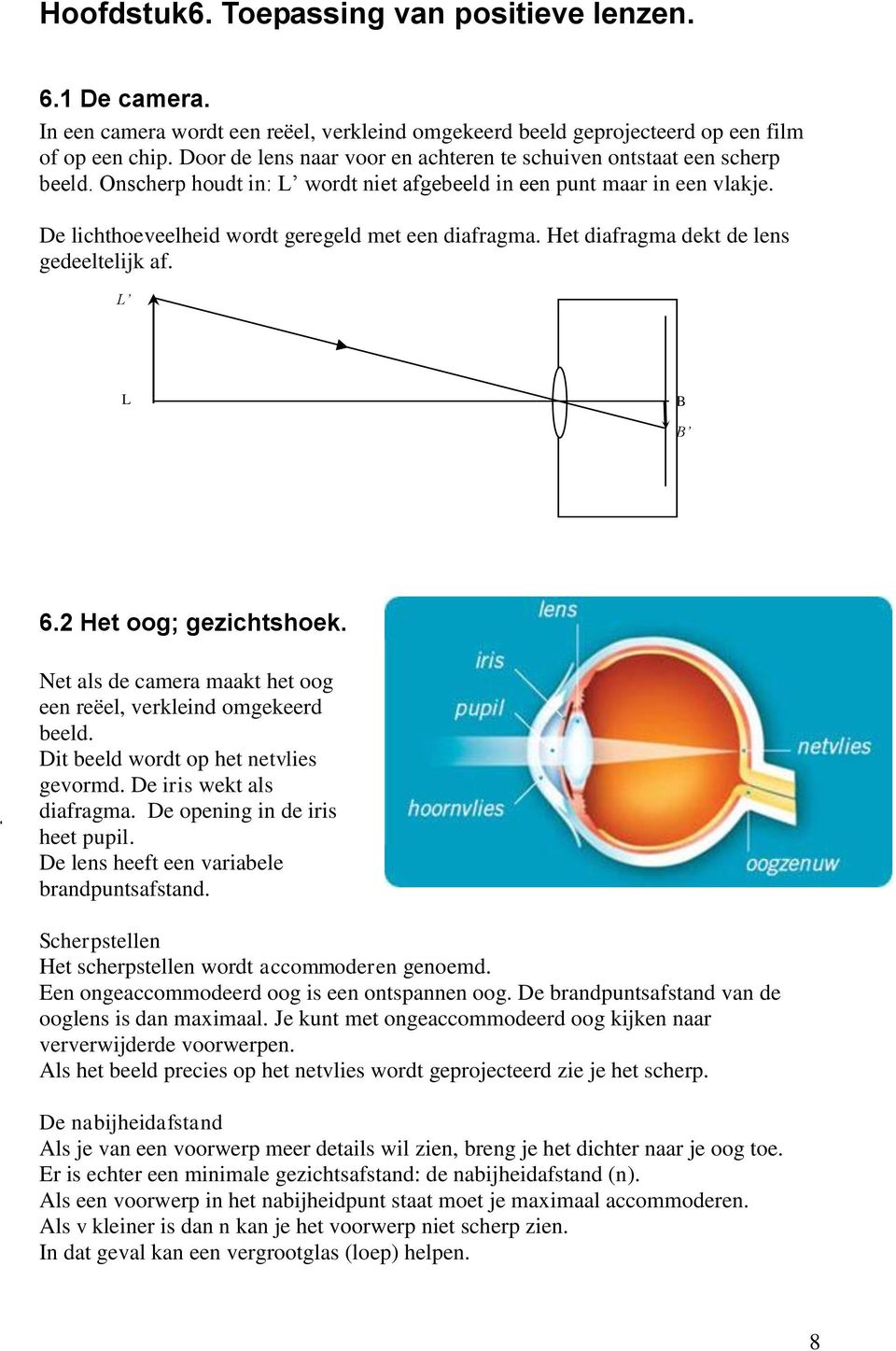 De lichthoeveelheid wordt geregeld met een diafragma. Het diafragma dekt de lens gedeeltelijk af. L L B B 6.2 Het oog; gezichtshoek.