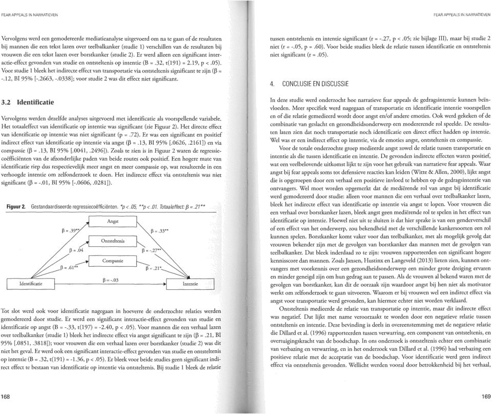 05). Voor studie 1 bleek het indirecte effect van transportatie via ontsteltenis significant te zijn (0 = -.12, BI 95% [-.2663, -.0338]; voor studie 2 was dit effect niet significant.