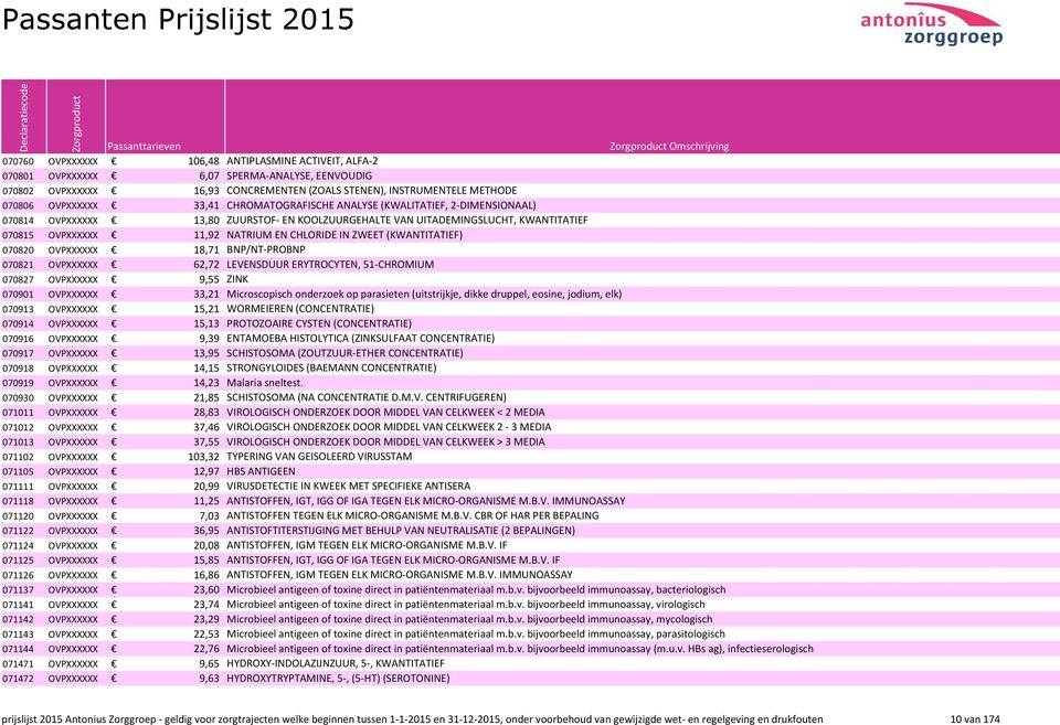 (KWANTITATIEF) 070820 OVPXXXXXX 18,71 BNP/NT-PROBNP 070821 OVPXXXXXX 62,72 LEVENSDUUR ERYTROCYTEN, 51-CHROMIUM 070827 OVPXXXXXX 9,55 ZINK 070901 OVPXXXXXX 33,21 Microscopisch onderzoek op parasieten