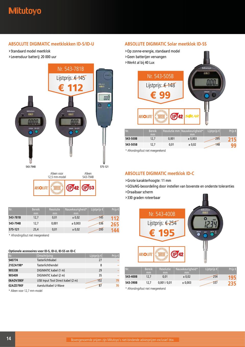 meegerekend 543-794B Alleen voor 12,5 -model Alleen 543-794B 575-121 ABSOLUTE DIGIMATIC meetklok ID-C Grote karakterhoogte 11 GO/±NG-beoordeling door instellen van bovenste en onderste toleranties