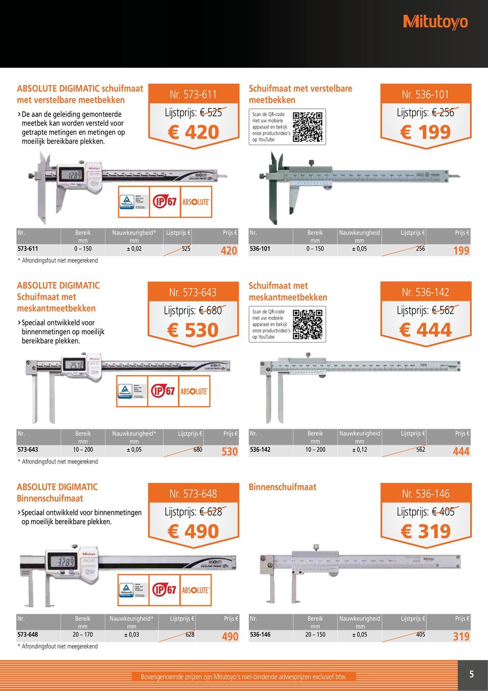 150 ± 0,02 525 420 * Afrondingsfout niet meegerekend Nauwkeurigheid 536-101 0 150 ± 0,05 256 199 ABSOLUTE DIGIMATIC Schuifmaat met meskantmeetbekken Speciaal ontwikkeld voor binnenmetingen op