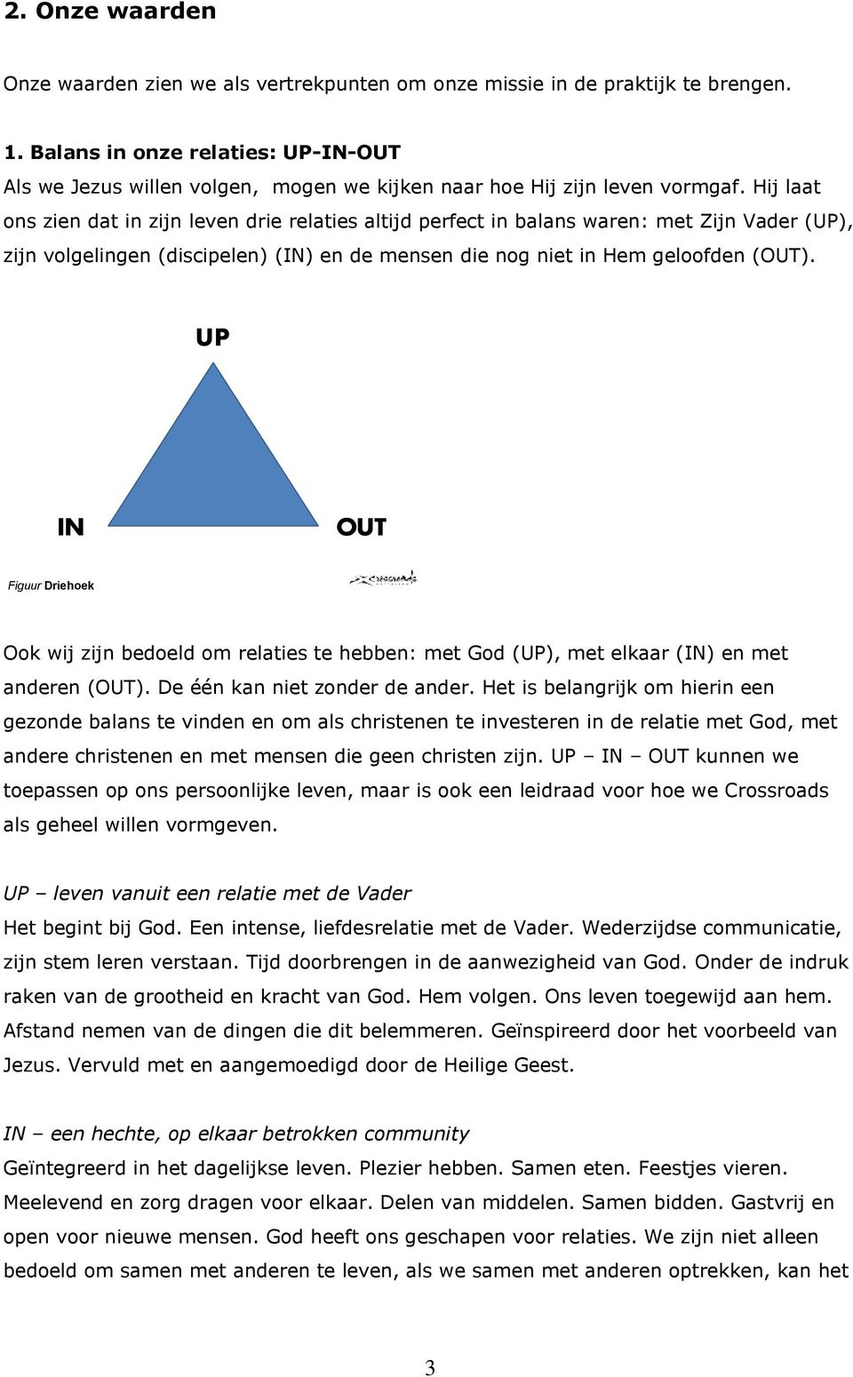 Hij laat ons zien dat in zijn leven drie relaties altijd perfect in balans waren: met Zijn Vader (UP), zijn volgelingen (discipelen) (IN) en de mensen die nog niet in Hem geloofden (OUT).