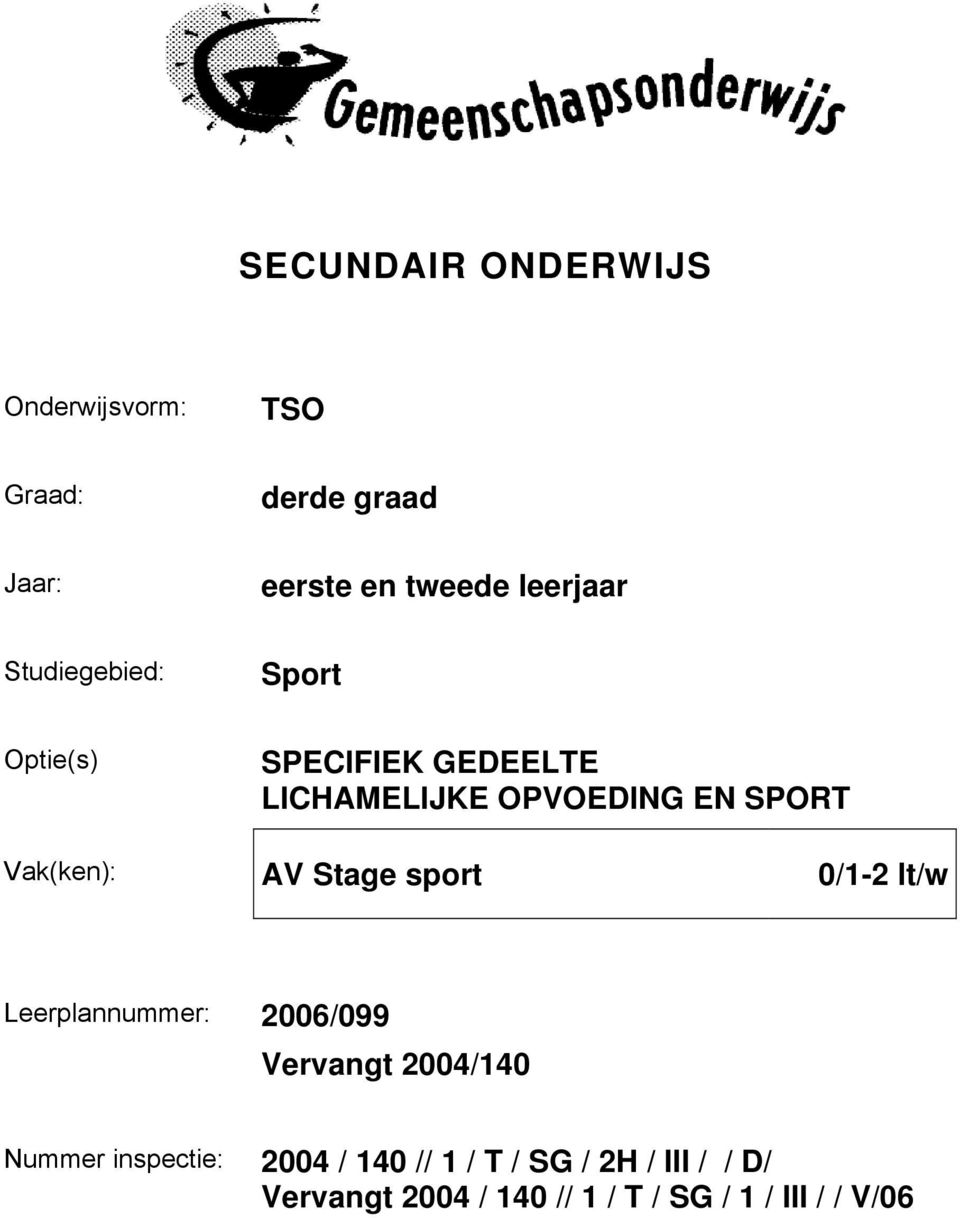 AV Stage sport 0/1-2 lt/w Leerplannummer: 2006/099 Vervangt 2004/140 Nummer inspectie: