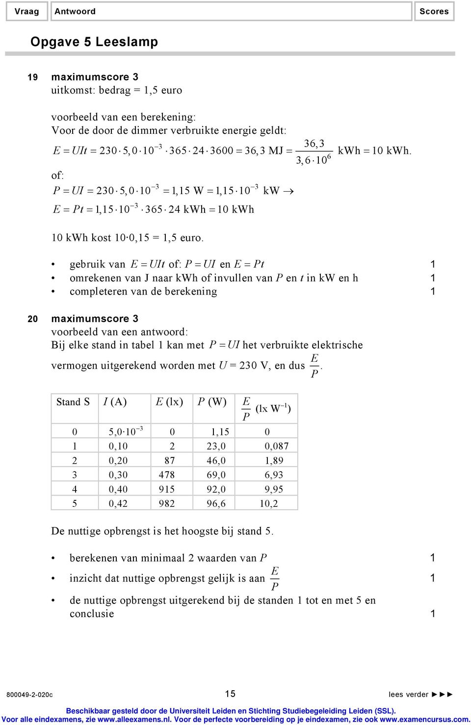 gebruik van E = UIt of: P = UI en E = Pt omrekenen van J naar kwh of invullen van P en t in kw en h completeren van de berekening 0 maximumscore 3 voorbeeld van een antwoord: Bij elke stand in tabel