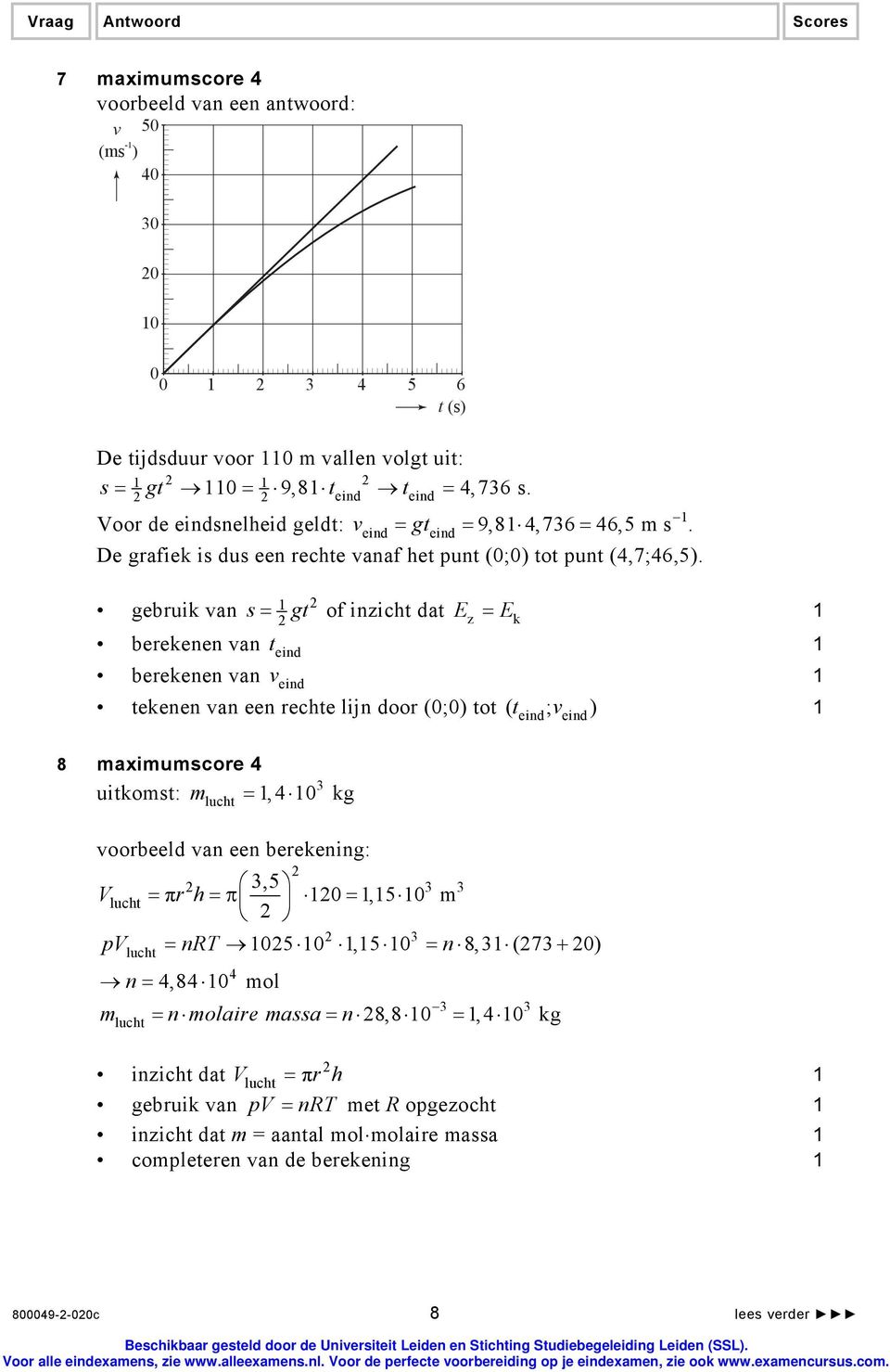eind gebruik van s= gt of inzicht dat Ez = Ek berekenen van t eind berekenen van v eind tekenen van een rechte lijn door (0;0) tot ( teind; v eind) 8 maximumscore 4 3 uitkomst: m =, 4 0 kg lucht