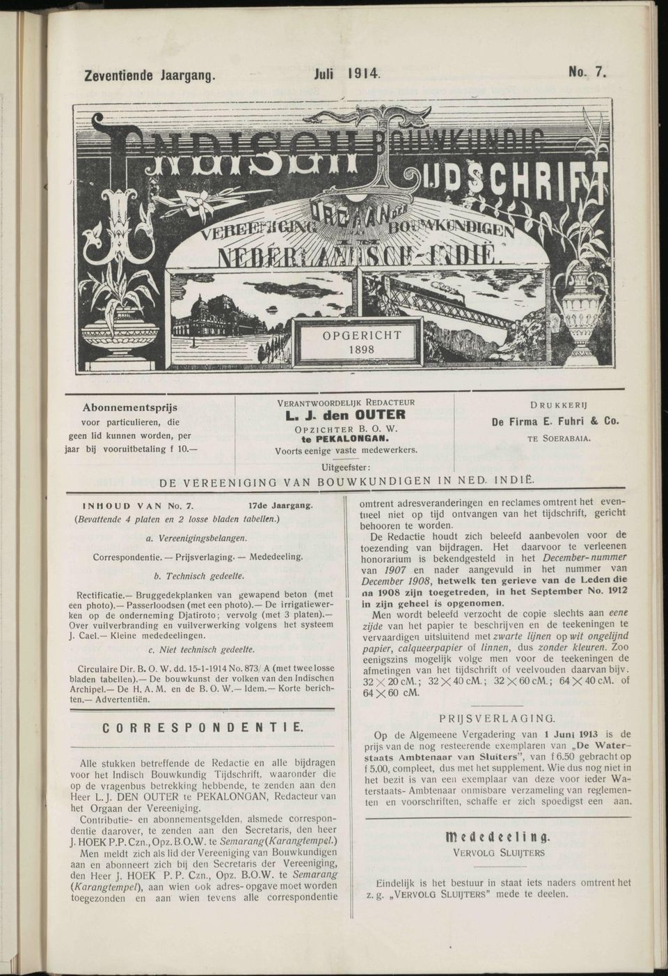 {Bevattende 4 platen en 2 losse bladen tabellen.) a. ereengngsbelangen Correspondente. Prjsverlagng Mededeelng. b. Technsch gedeelte. Rectfcate. Bruggedekplanken van gewapend beton (met een photo).