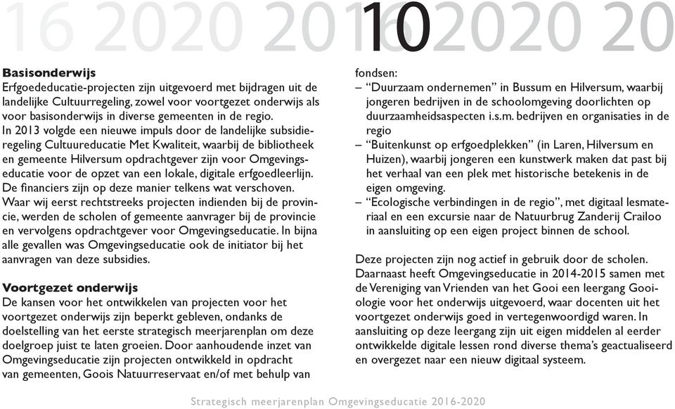 In 2013 volgde een nieuwe impuls door de landelijke subsidieregeling Cultuureducatie Met Kwaliteit, waarbij de bibliotheek en gemeente Hilversum opdrachtgever zijn voor Omgevingseducatie voor de