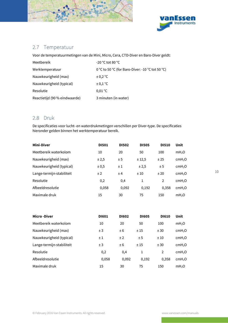 8 Druk De specificaties voor lucht- en waterdrukmetingen verschillen per Diver-type. De specificaties hieronder gelden binnen het werktemperatuur bereik.