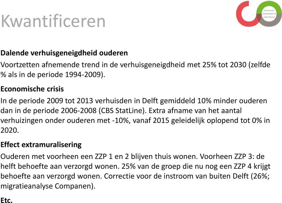 Extra afname van het aantal verhuizingen onder ouderen met -10%, vanaf 2015 geleidelijk oplopend tot 0% in 2020.