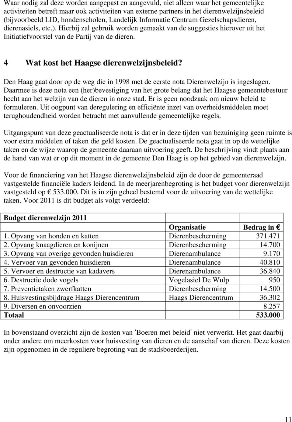 Hierbij zal gebruik worden gemaakt van de suggesties hierover uit het Initiatiefvoorstel van de Partij van de dieren. 4 Wat kost het Haagse dierenwelzijnsbeleid?