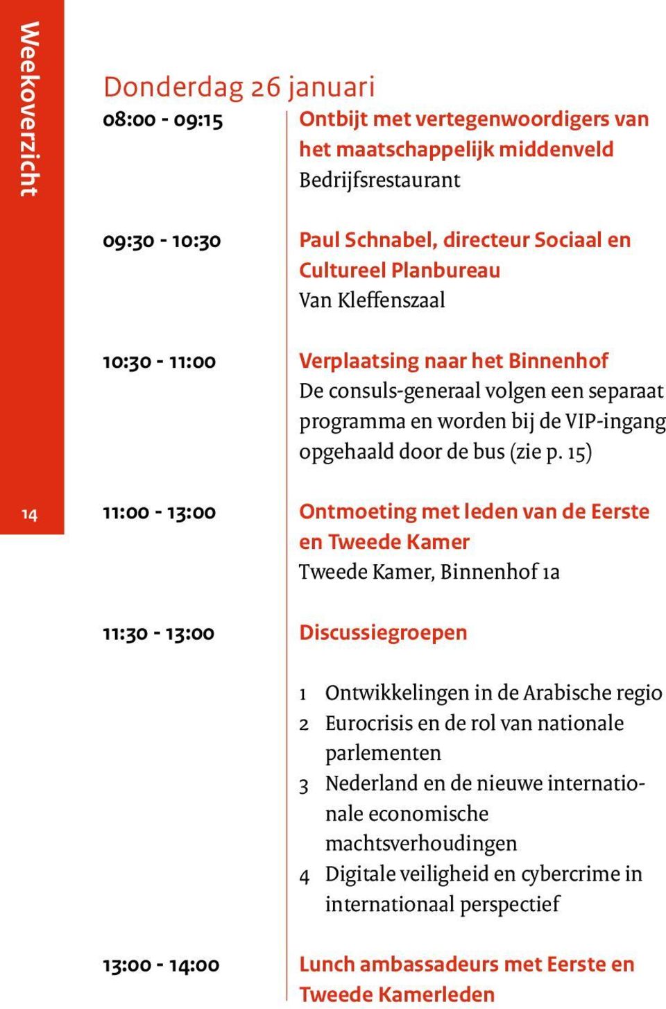 15) 14 11:00-13:00 Ontmoeting met leden van de Eerste en Tweede Kamer Tweede Kamer, Binnenhof 1a 11:30-13:00 Discussiegroepen 1 Ontwikkelingen in de Arabische regio 2 Eurocrisis en de rol van