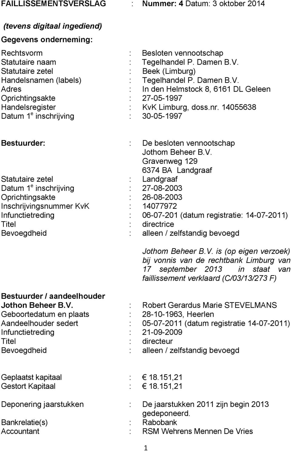 14055638 Datum 1 e inschrijving : 30-05-1997 Bestuurder: : De besloten vennootschap Jothom Beheer B.V.