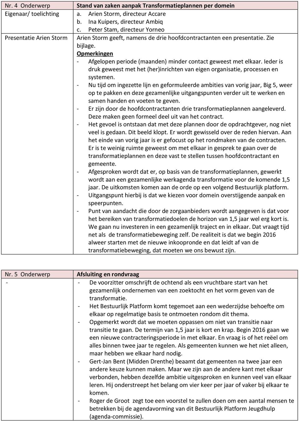 Opmerkingen - Afgelopen periode (maanden) minder contact geweest met elkaar. Ieder is druk geweest met het (her)inrichten van eigen organisatie, processen en systemen.