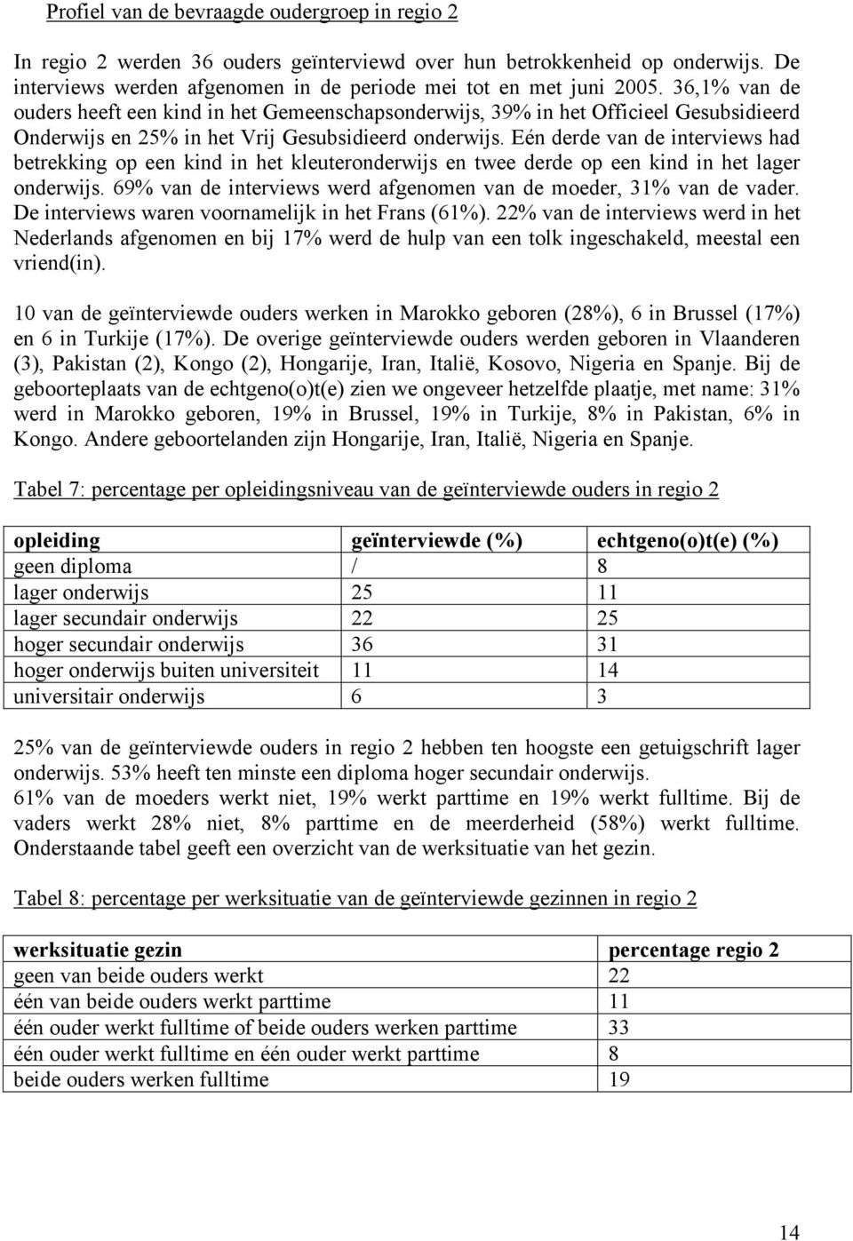 Eén derde van de interviews had betrekking op een kind in het kleuteronderwijs en twee derde op een kind in het lager onderwijs. 69% van de interviews werd afgenomen van de moeder, 31% van de vader.